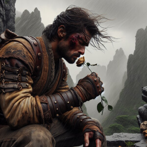 A wounded lone hero leaning his back on the rock, savoring the f...