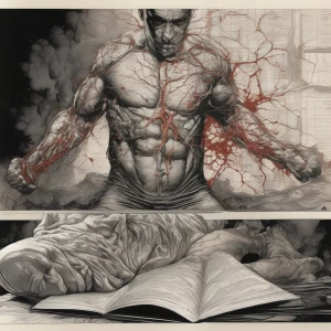 “A man’s torso split open like a book, pages made of veins and n...