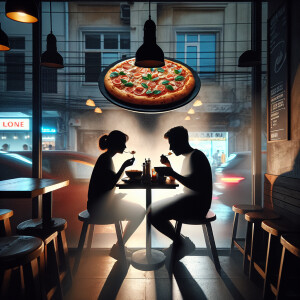 A male shadow figure and a female shadow figure,  sitting in a c...