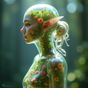 Generate an image of a female elf with a transparent glass-like...