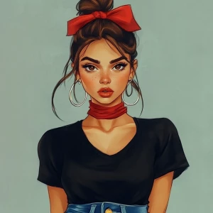 girl with brown hair, thick eyebrows, pumped up lips, potato nos...