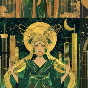 Cinematic portrait of a Sailor Moon–Geisha heroine in a Manga–Ar...