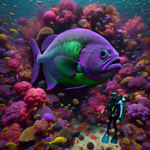 Purple neon green piranha
Holding white flag with a big purple “...