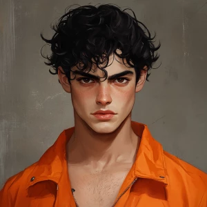 white cute young man with black curly hair, short haircut, thick...