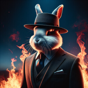 Rabbit in business suit and hat stay in flame