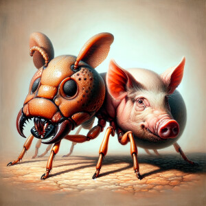 Oil painting of the Pigant, a unique creature combining an ant's...
