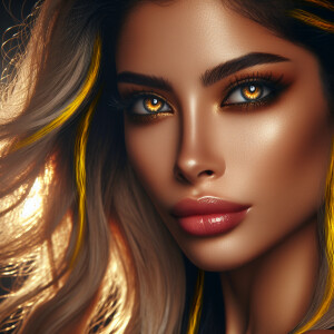 Head shot of a beautiful woman with bright golden eyes and long...