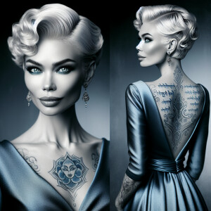 Platinum blonde Kahlan Amnell, mantra-scripted blue tattoo traci...