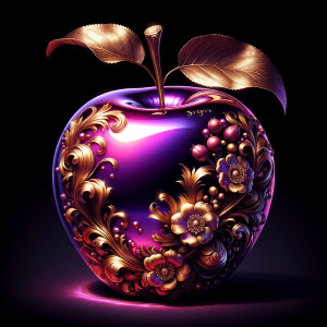 Envision a lustrous, oversized apple with a surface that gleams in a radiant shade of purple, as if lacquered to a high shine, reflecting light from its smooth, curvaceous form. The apple is adorned with elegant gold leaf patterns that swirl luxuriously around its contour, bringing a baroque opulence to its appearance. The stem, a bronzed sculpture in itself, supports a single leaf that seems to glow with an inner luminescence. At the apple’s base, a collection of flowers blooms, their petals softening the scene with organic shapes and colors that harmonize with the vibrant purple and gold. Incorporated into the metallic filigree in an artful script is the name "Karen," as if the apple were personally inscribed, enhancing the custom and bespoke quality of the piece.