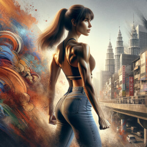 Athletic Thin skinny Attractive, Asian teenage girl, long brown hair and bangs, wearing tight skinny jeans and a halter top paint marks on her clothing, heroic pose Asian graffiti background, backside view