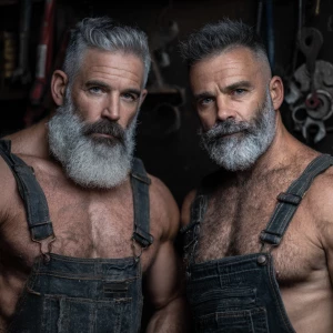 Two bodybuilder men with beard and fade hair cut in gray hair co...
