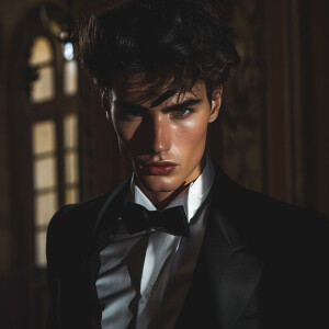Capture a striking image of a dark-haired Italian male model wea...