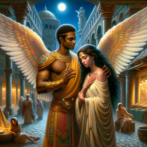 Create an oil painting image featuring a male angel and a grievi...