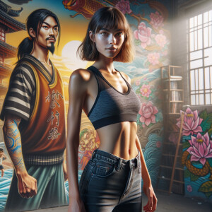 Athletic Thin skinny Attractive, Asian teenage girl, long brown hair and bangs, wearing tight skinny jeans and a halter top paint marks on her clothing, heroic pose Asian graffiti background, backside view