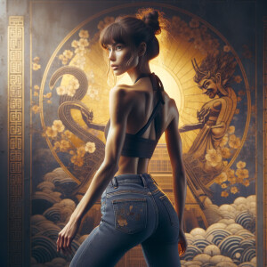 Athletic Thin skinny Attractive, Asian teenage girl, long brown hair and bangs, wearing tight skinny jeans and a halter top paint marks on her clothing, heroic pose Asian graffiti background, backside view