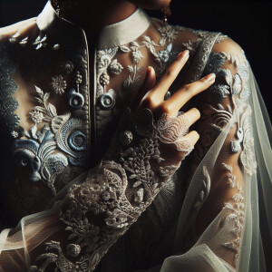 A woman clad in a translucent blouse, with intricate lace detail...