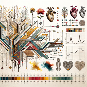 The golden ratio, Minimalist art Circuit, boards, circuitry, diagrams Cellular structures, DNA, circuit boards, colorful wires,  asian and Egyptian  graffiti, lie detector graphs, cardio printout, branches Bones painterly background rust