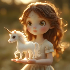 A tiny glowing unicorn, no taller than a teacup, gently trots an...