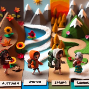 a little person walking through autumn, spring, winter and summe...