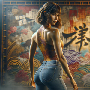 Athletic Thin skinny Attractive, Asian teenage girl, long brown hair and bangs, wearing tight skinny jeans and a halter top paint marks on her clothing, heroic pose Asian graffiti background, backside view