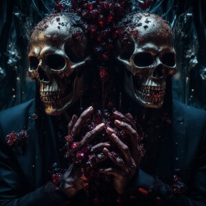 A menacing, towering vampire with dual faces, each contorted in...