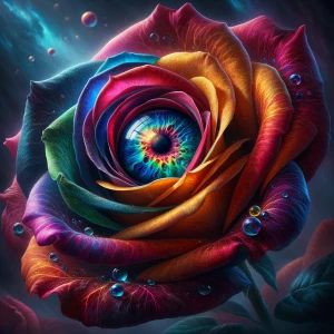 A Multi-colored Rose, the petals shifting hues from deep crimson...
