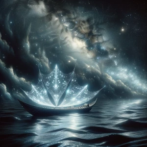Bathed in ethereal light, a time-warped bioluminescent starry sk...