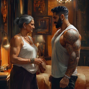 realism art style 1:1 .A sweaty muscular man talking with his 54...