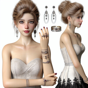 Describe a young girl with dirty blonde hair styled in an elegan...