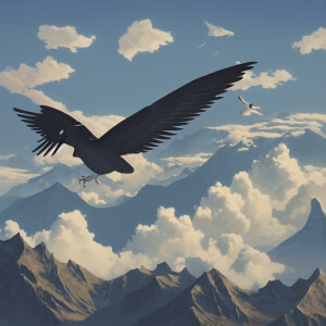 Bird flying in the clouds above high mountains