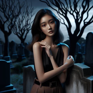 Create an image of a stunningly beautiful young woman with pale...