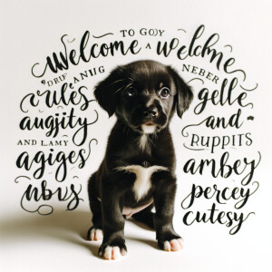 Black Puppy with white paws with words: Welcome Amber and Percyc...