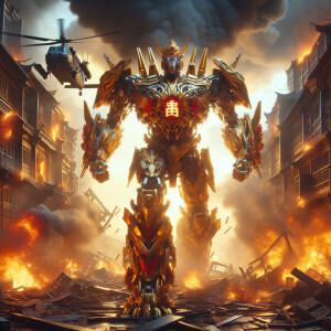 China as a transformer character, adorned with golden emperor co...