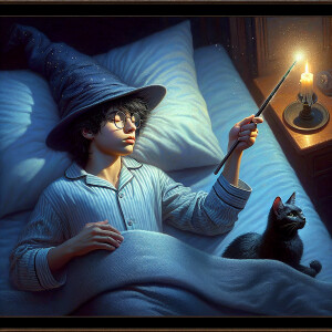 a little wizard with messy black hair and glasses wearing a slee...