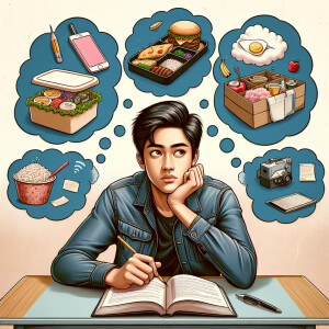 a picture of a student in class, seated with a book in front of...