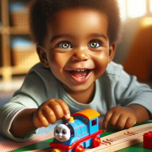 African-American baby boy with huge green eyes, playing with a train