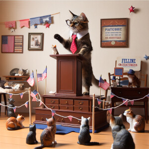 Depict a domestic cat in a humorous scene participating in a hum...