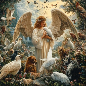 Create heaven with animals and angels greet humans