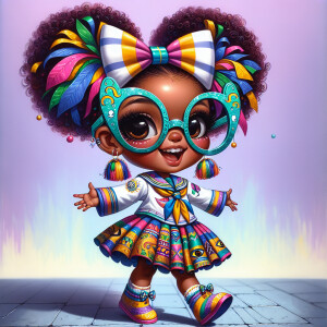 A chibi-style image of an African American 3-year-old girl, stan...