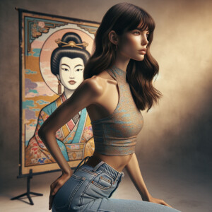 Athletic Thin skinny Attractive, Asian teenage girl, long brown hair and bangs, wearing tight skinny jeans and a halter top paint marks on her clothing, heroic pose Asian graffiti background, side view