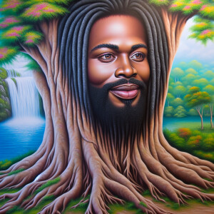 A hyper-realistic 3-D oil painting depicting a tree integrated w...