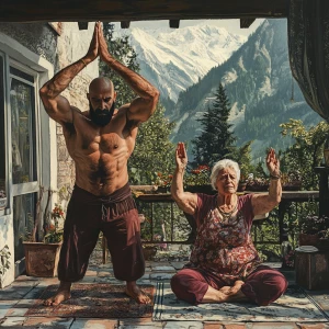 A 34 year old muscular beefy criminal  son-in-law doing yoga  wi...