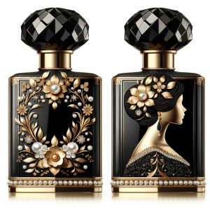 Design a fancy, black and gold bottle of perfume in the shape of a woman’s body. With a golden diamond top, flowers pearls and Diamonds in the name, Karen