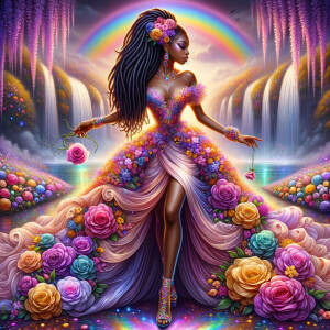 Remix Prompt
S/O Jackie Torres
S/O Panda Locke

create a animated style hyper realistic airbrush whimsical oil painting of a light African American woman wearing a flawless beautiful purple, pink, and gold blossom dress long flowing with colorful flowers and ruffles on the dress colorful jewelry made of flowers she has long black dreadlocks in a bun a colorful rose in her hair her peep toe shoes is matching her dress behind her is a beautiful waterfall liquid glowing lights beautiful colorful rainbow surrounded by beautiful roses.