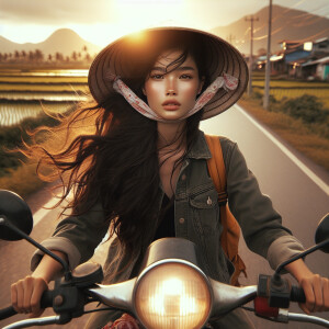 Vietnamese girl on motorbike on the road,
