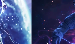 lone astronaut drifting in deep space, tethered to a small glowi...