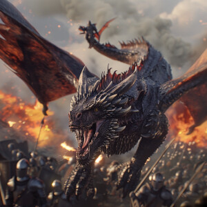 A majestic dragon soars above a chaotic battlefield, gracefully...