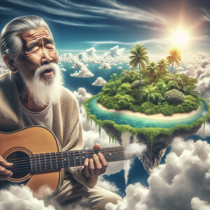 Cartoon of old man with guitar singing on an island in the cloud...
