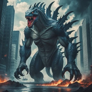 "Emerging from the depths, an enormous, menacing kaiju towers ov...