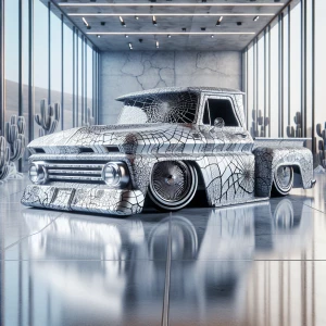 Envision a lowrider truck crafted from cracked porcelain, its su...